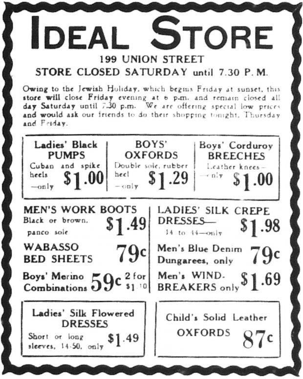 Newspaper advertisement – “Ideal Store” – listing of shoes, men’s and ladies’ wear and bedding with prices.