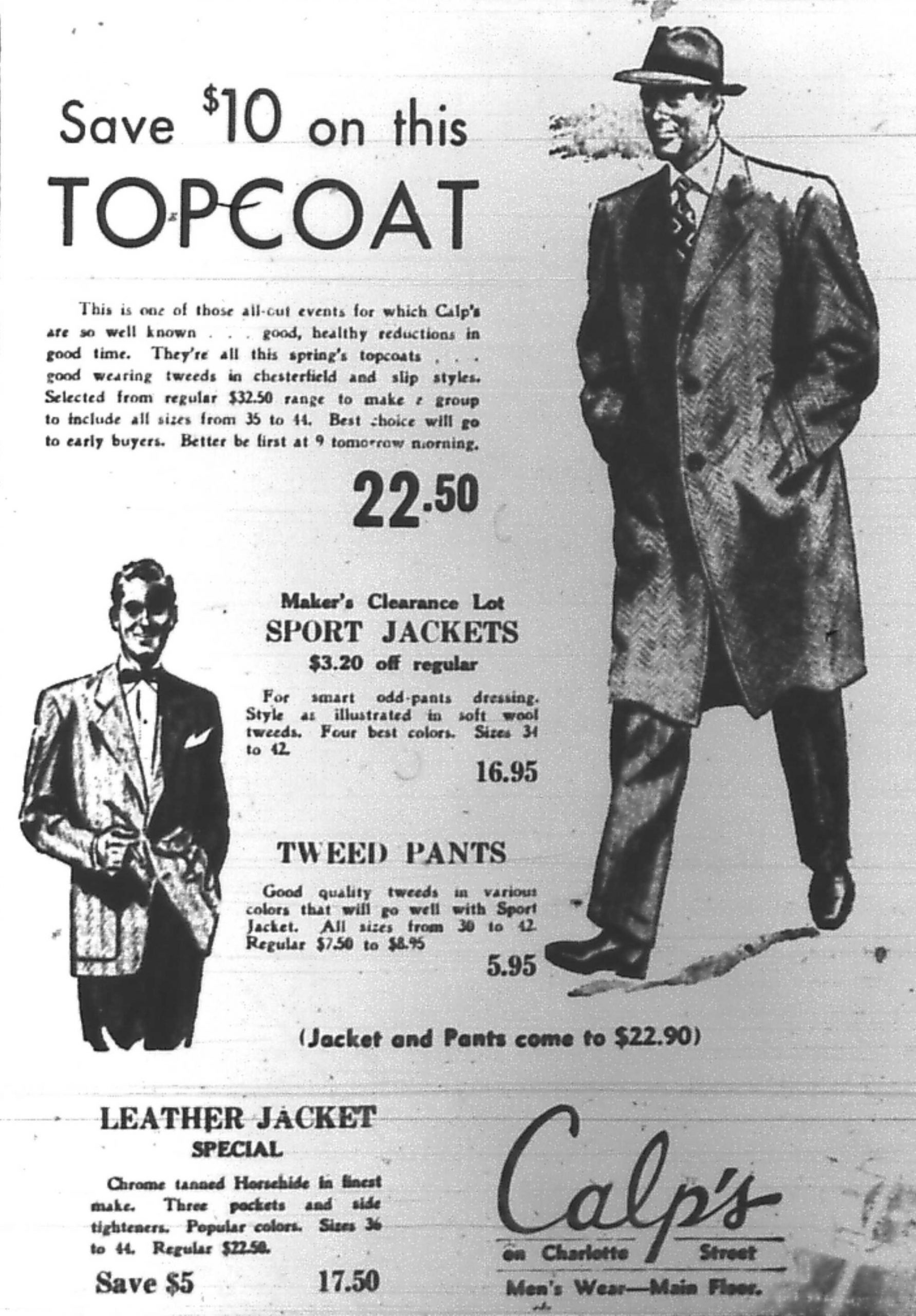 Newspaper advertisement –“Save $10 on this Topcoat” from Calp’s – accompanied by sketch of man in topcoat and hat.