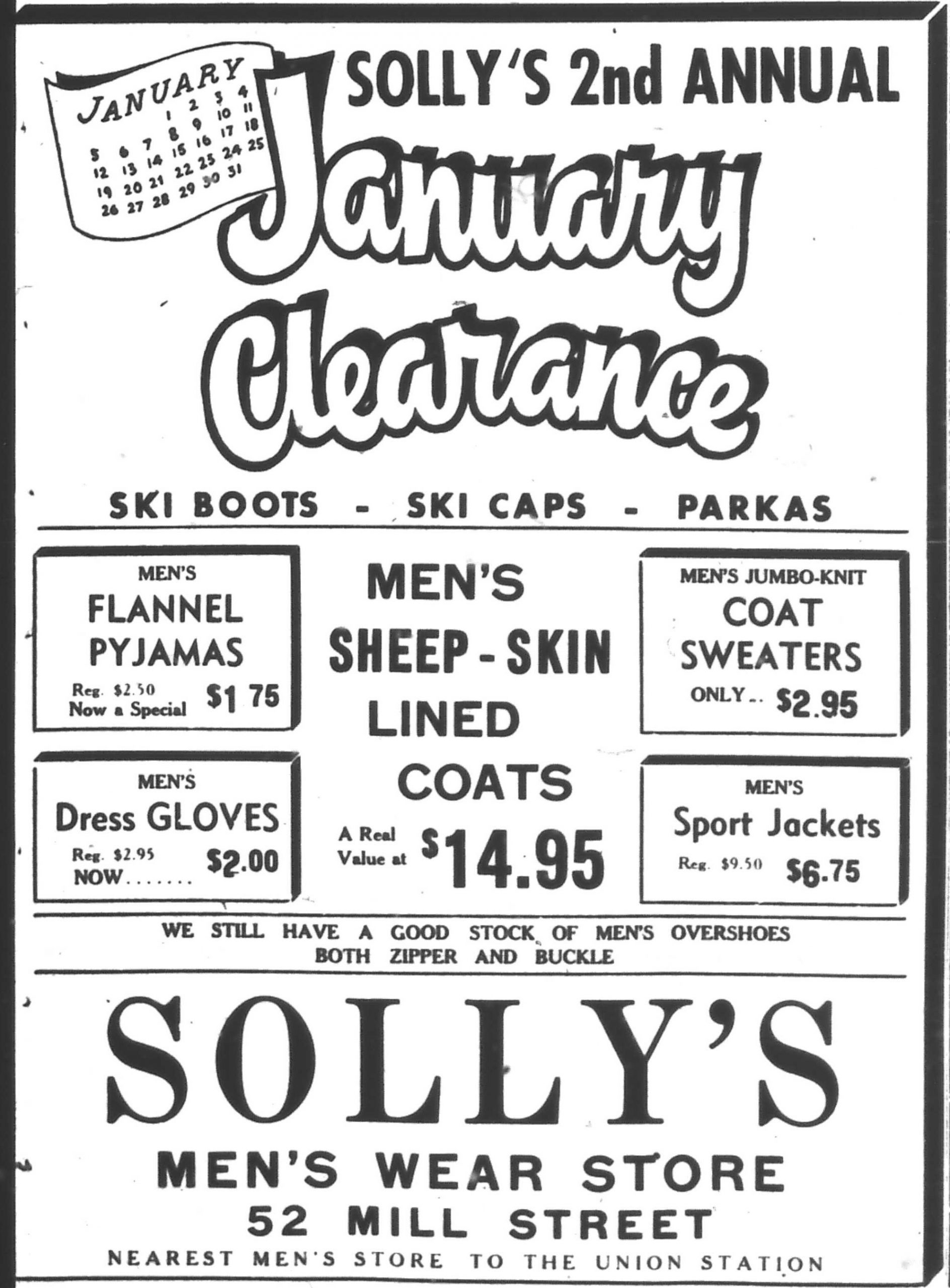 Newspaper advertisement – “Solly’s 2nd annual January Clearance” with prices for pyjamas, gloves, sweaters and sheep-skin lined coats.