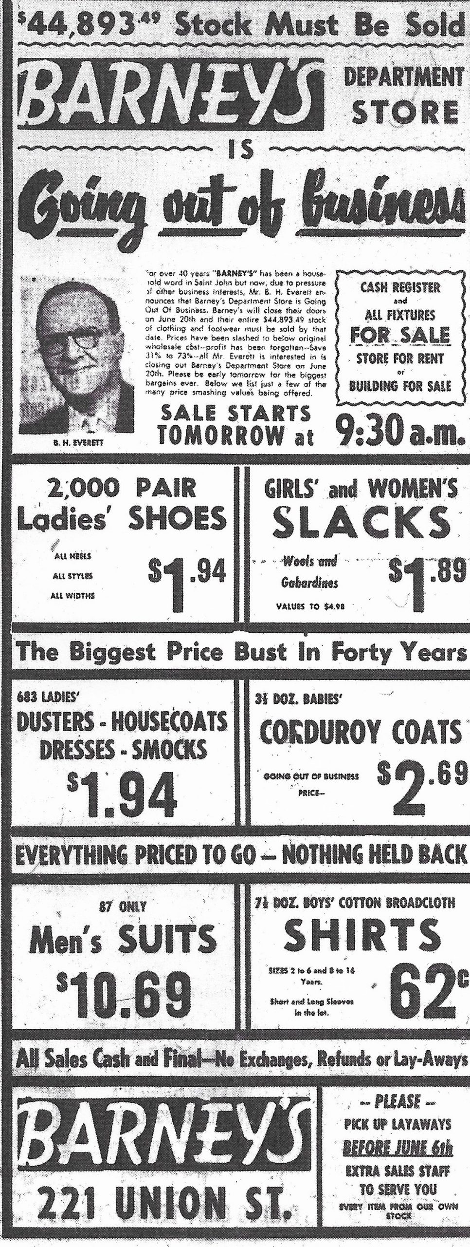 Newspaper advertisement –“Barney’s Department Store is Going Out of Business” – listing of men’s and women’s clothing and shoes.