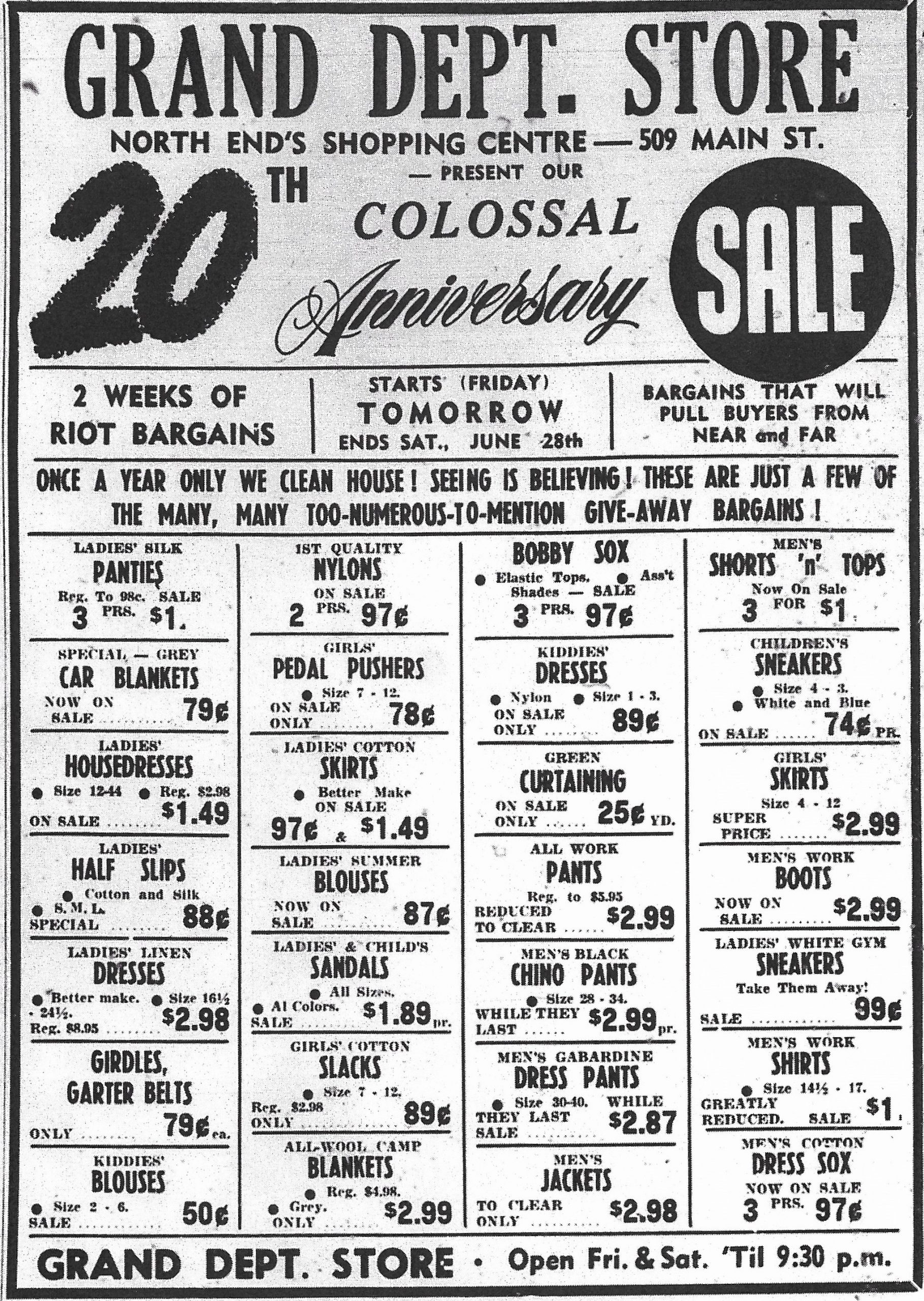 Newspaper advertisement – “Grand Department Store – North End’s Shopping Centre presents our Colossal 20th Anniversary Sale” – designed as a table with 28 squares, each with a special item.