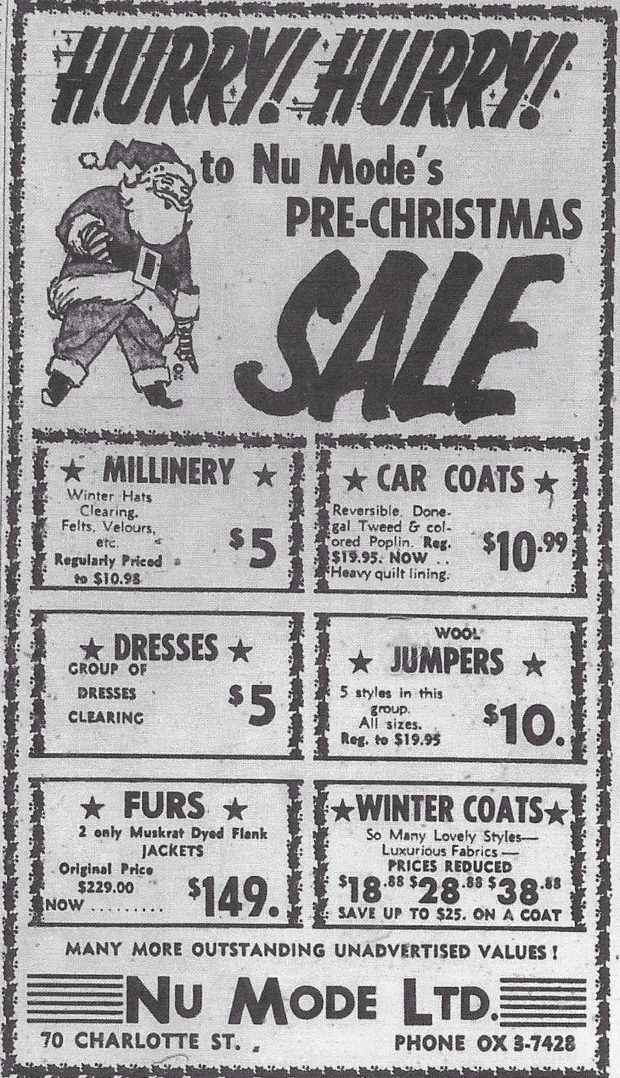 Newspaper advertisement – “Hurry! Hurry! To NuMode’s Pre-Christmas Sale” – specials for millinery, car coats, dresses, jumpers, furs and winter coats for women.