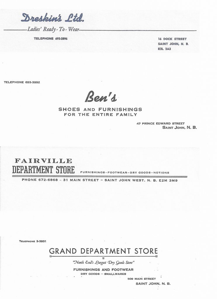 Four sheets of letterhead – for Dreskin’s Ltd., Ben’s Shoes and Furnishings, Fairville Department Store and Grand Department Store.