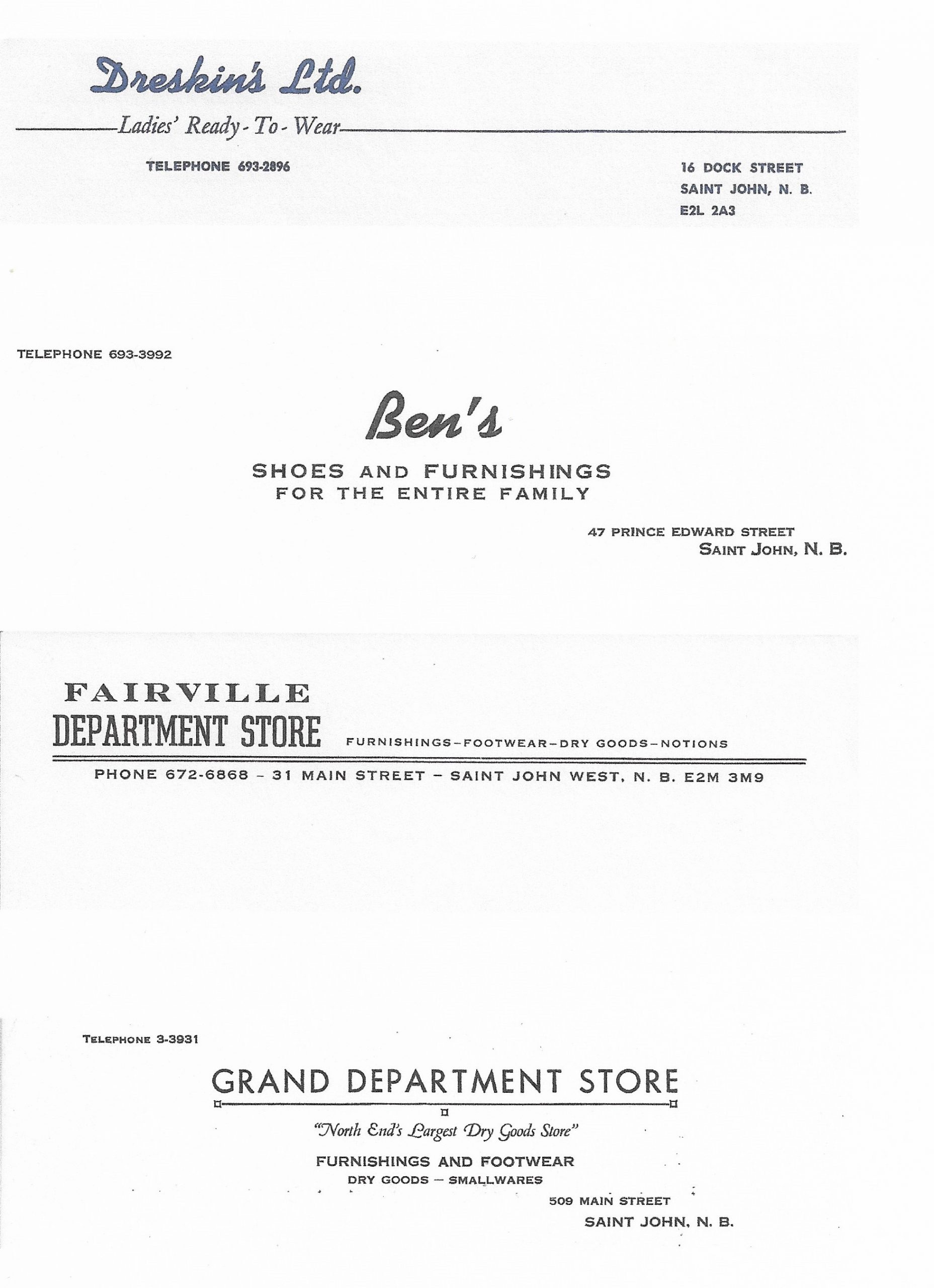 Four sheets of letterhead – for Dreskin’s Ltd., Ben’s Shoes and Furnishings, Fairville Department Store and Grand Department Store.