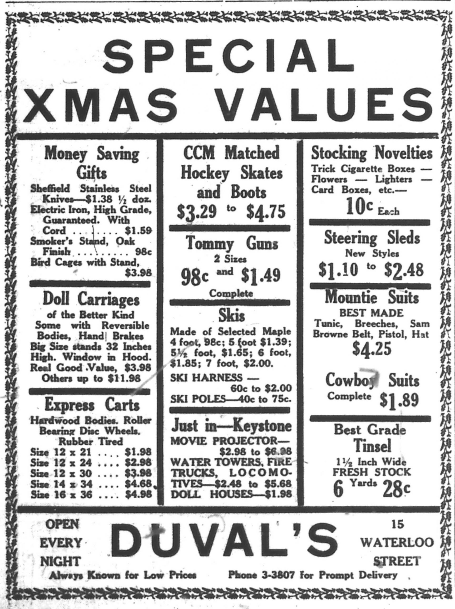 Newspaper advertisement – Special Christmas Values – Duval’s” with a list of toys including doll carriages, skates, sleds and “Mountie suits”.