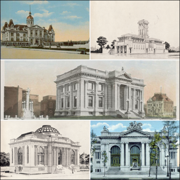 Photographic montage of five drawings and postcards. The first in the top left is in color and represents a large building inspired by Second Empire and Beaux-Arts styles. To its right is a black and white drawing of a brick building with modern features inspired by American modern architecture by Frank Lloyd Wright. The last three have similar appearances and are all inspired by Beaux-Arts architecture.