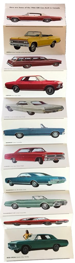Foldout brochure showing 11 different car models.