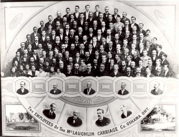 A collage of more than a hundred office and factory workers, with pictures of several buildings.