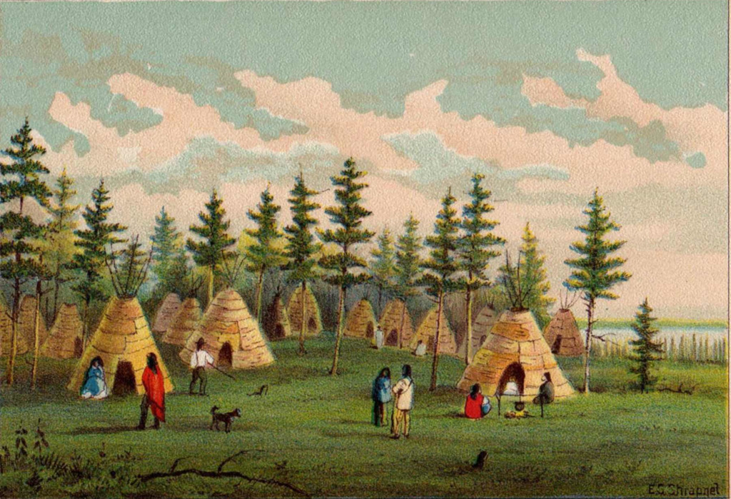 A painting of several bark huts in a clearing at the edge of a lake. Eight First Nations people in traditional dress are visible walking, talking, sitting in the door of a wigwam and cooking food over a campfire.