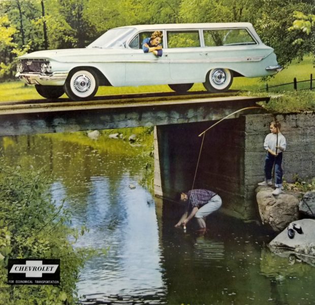 1961 Chevrolet advertisment, showing a man and a boy fishing under a bridge while a woman in a sedan watches.