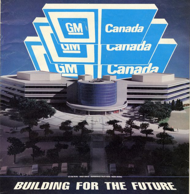 Colour advertising image showing an architectural model of an office building. A sign in the air behind it reads GM Canada, while the caption reads General Motors Administration Building: Building for the Future.
