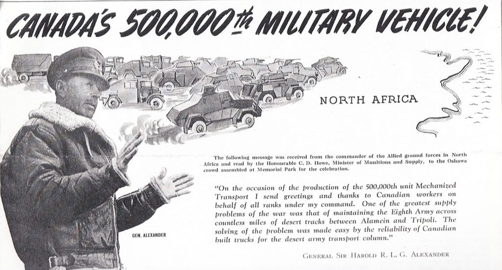 Excerpt from an advertisement, showing a soldier superimposed over a stylized map of North Africa and drawings of military trucks