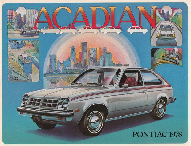 Decorative advertisement showing a painting of the 1978 Pontiac Acadian car.
