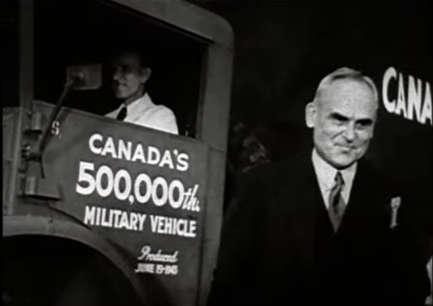 Screenshot from a General Motors newsreel: Canada's 500,000th Military Vehicle