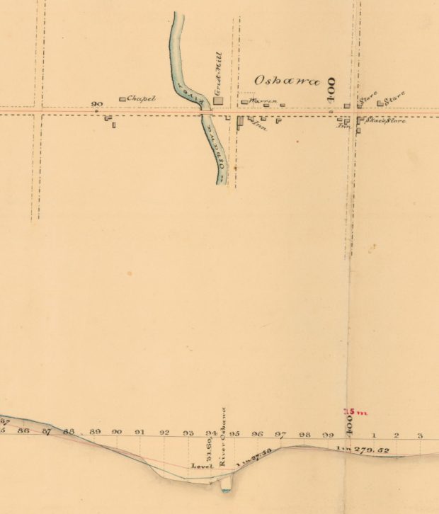 A hand-drawn map of a small town, showing roads, a river, and several small buildings.