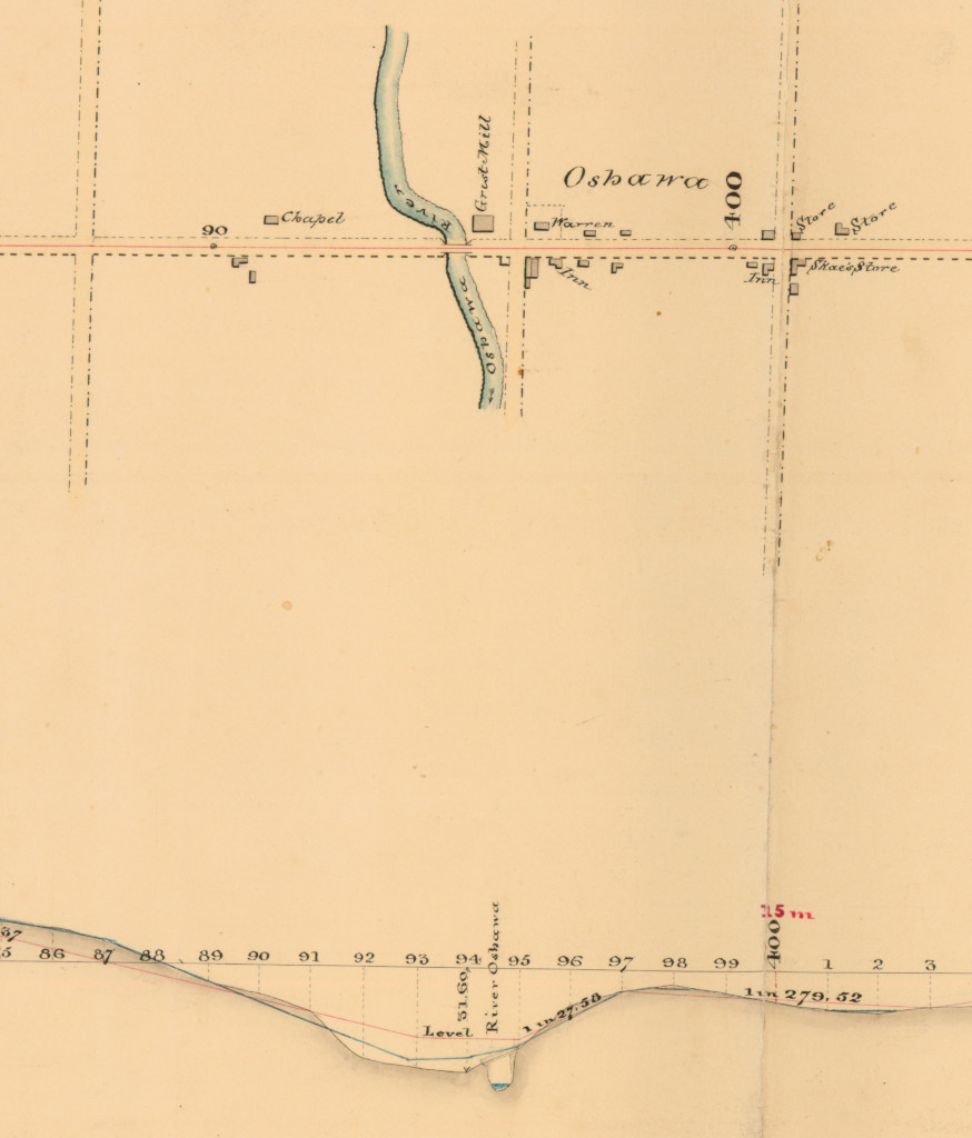 A hand-drawn map of a small town, showing roads, a river, and several small buildings.