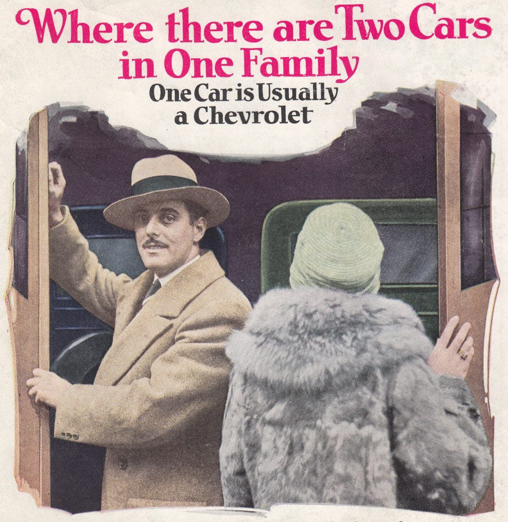 A colour advertising image showing a well-dressed couple opening the doors to a garage with two cars in it. Caption: Where there are Two Cars in One Family One Car is Usually a Chevrolet