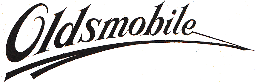 Black-and-white image of an automotive logo: Oldsmobile in decorative italic text with a swooping underline.