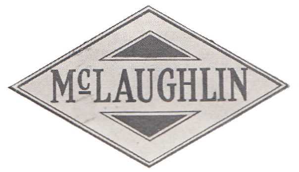 Black-and-white image of an automotive logo: McLaughlin inside a diamond with two decorative triangular shapes.