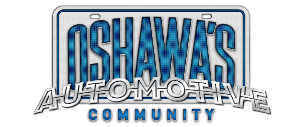 Image of a logo designed to resemble a car nameplate superimposed over a license plate. Text reads OSHAWA'S AUTOMOTIVE COMMUNITY