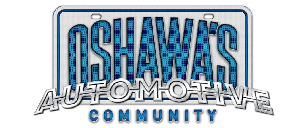 Image of a logo designed to resemble a car nameplate superimposed over a license plate. Text reads OSHAWA'S AUTOMOTIVE COMMUNITY