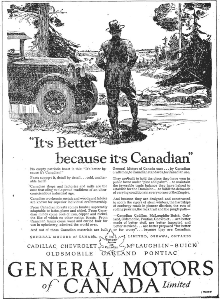 Advertising poster showing a man in outdoor clothing standing next to a parked automobile in an outdoor setting. Caption: It's Better because it's Canadian / General Motors of Canada Limited