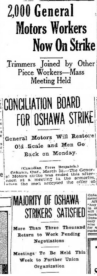 Collage of three newspaper clippings. Headlines read 2000 General Motors Workers Now On Strike, Conciliation Board for Oshawa Strike, Majority of Oshawa Strikers Satisfied