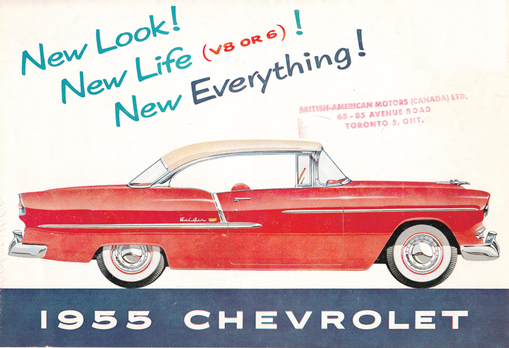 Car advertisement showing a 2-door sportscar. Caption reads New Look! New Life (V8 OR 6)! New Everything! 1955 CHEVROLET