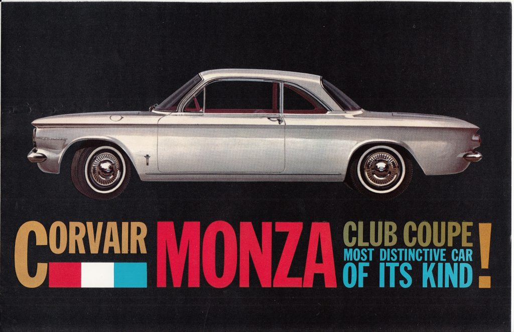 Advertising image of a sports car. Caption reads: ORVAIR MONZA CLUB COUPE MOST DISTINCTIVE CAR OF ITS KIND!
