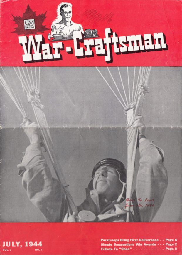 Image of a magazine cover, titled General Motors War-Craftsman, dated July, 1944. Cover shows a close-up of a man descending by parachute, with the caption First To Land June 6th, 1944