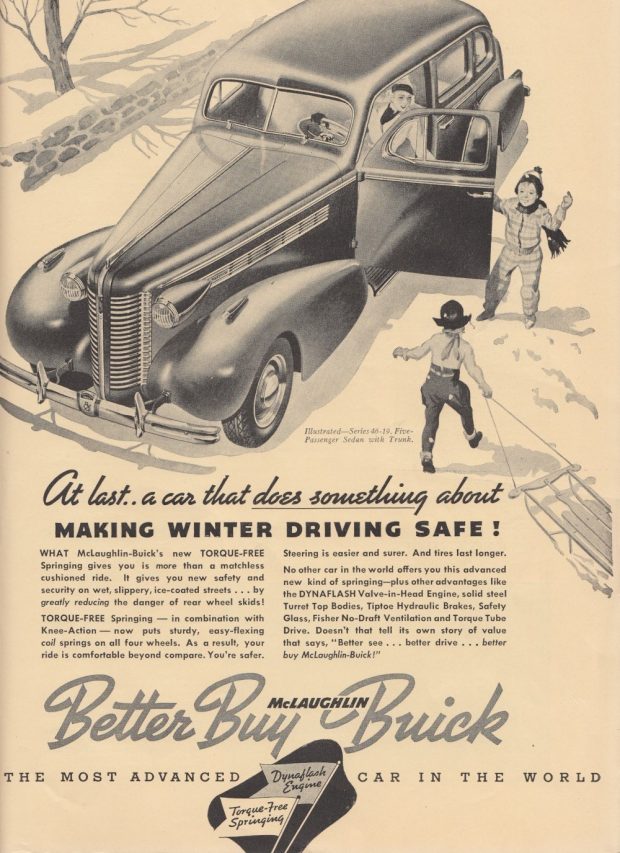 Advertising illustration of a 1938 sedan in a winter environment. Two children are pulling a sled towards a woman who sits in the driver's seat with the door opened.