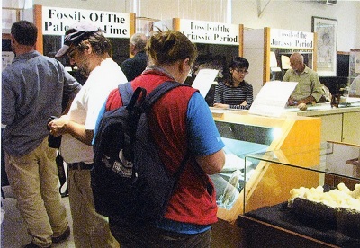 A group of people standing around, and looking down at, various museum displays.