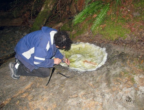 Bartlett crouched over the ammonite impression, tools sitting beside him.