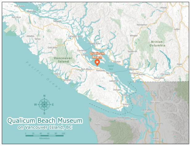 A map of Vancouver Island and the surrounding area, with Qualicum Beach highlighted by an orange marker.