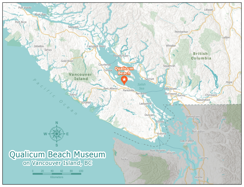 A map of Vancouver Island and the surrounding area, with Qualicum Beach highlighted by an orange marker.