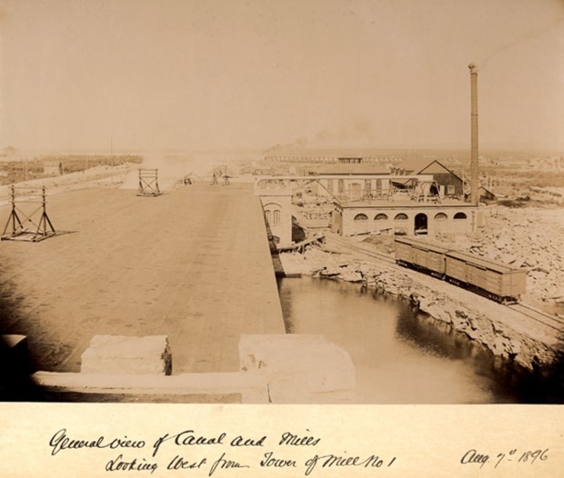 A birds eye view of the canal and mills. View is looking west from the Tower of Mill No. 1