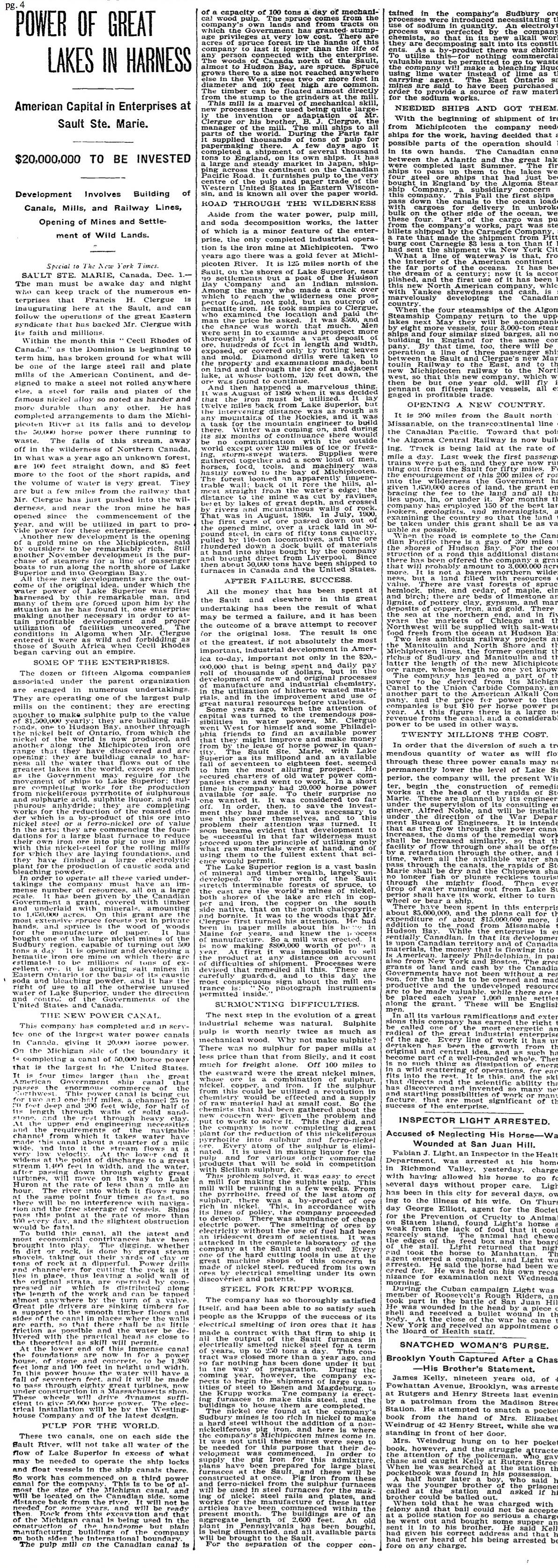 A detailed newspaper article on the industrial growth of Sault Ste. Marie thanks to the infusion of funds from American investors.
