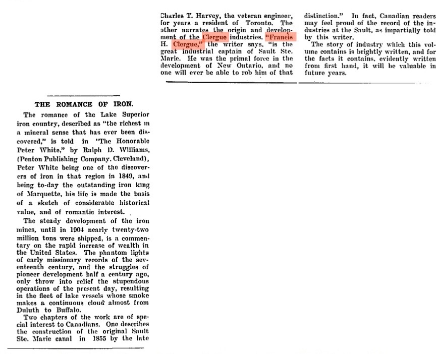 Newspaper article from the Globe, September 1905. It mentions Clergue as the great industrial captain of Sault Ste. Marie.