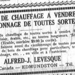 Alfred J. Lévesque’s advertisement in the newspaper Le Madawaska for the sale of firewood and for all kinds trucking services.