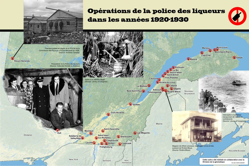 Carte du Québec montrant où ont eu lieu les opérations de la police des liqueurs dans les années 1920-1930