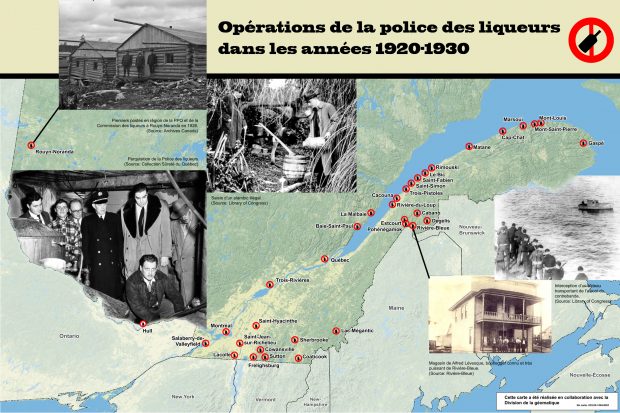 Map of Quebec showing where liquor police operations took place in the years 1920-1930