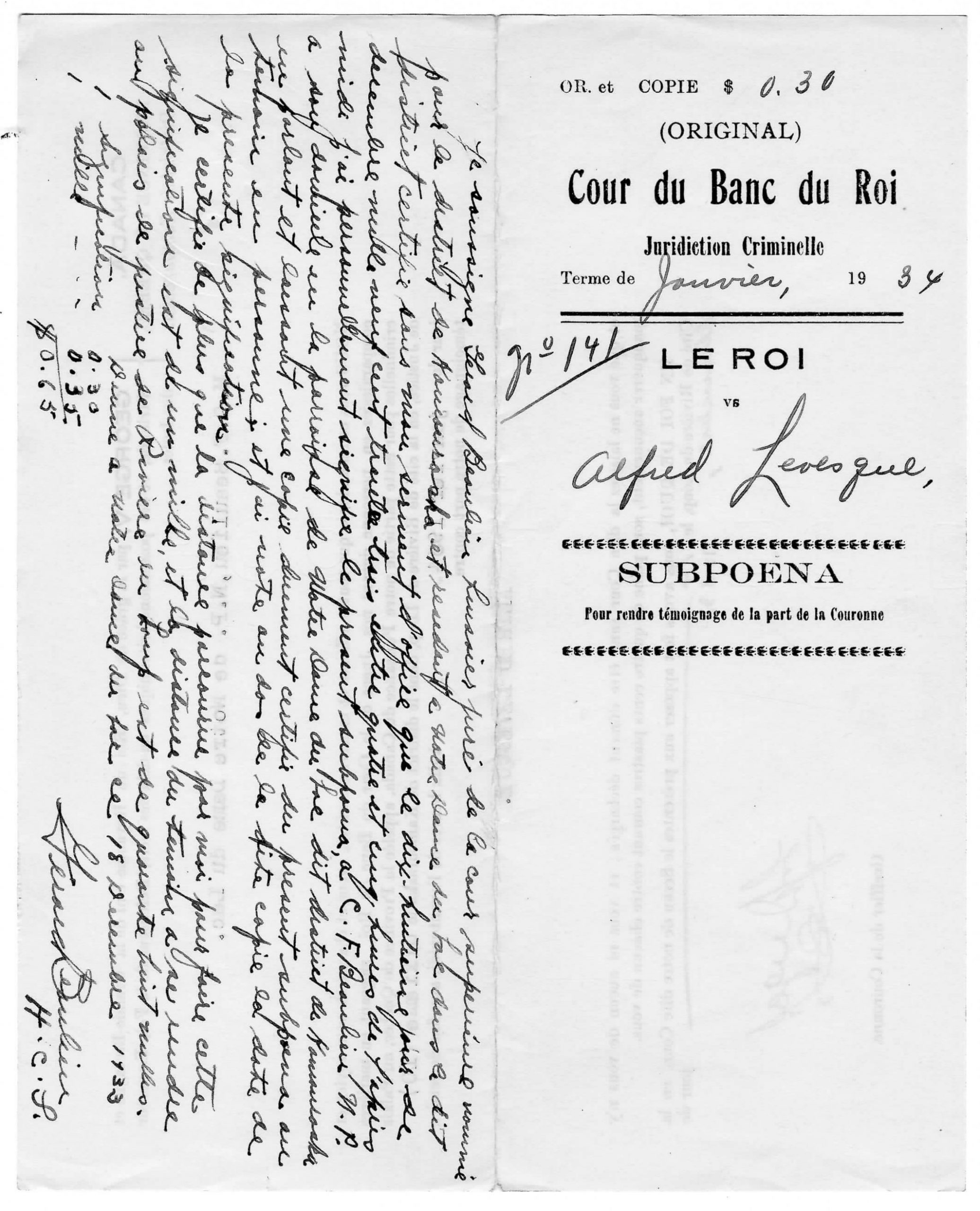 Subpoena de janvier 1934