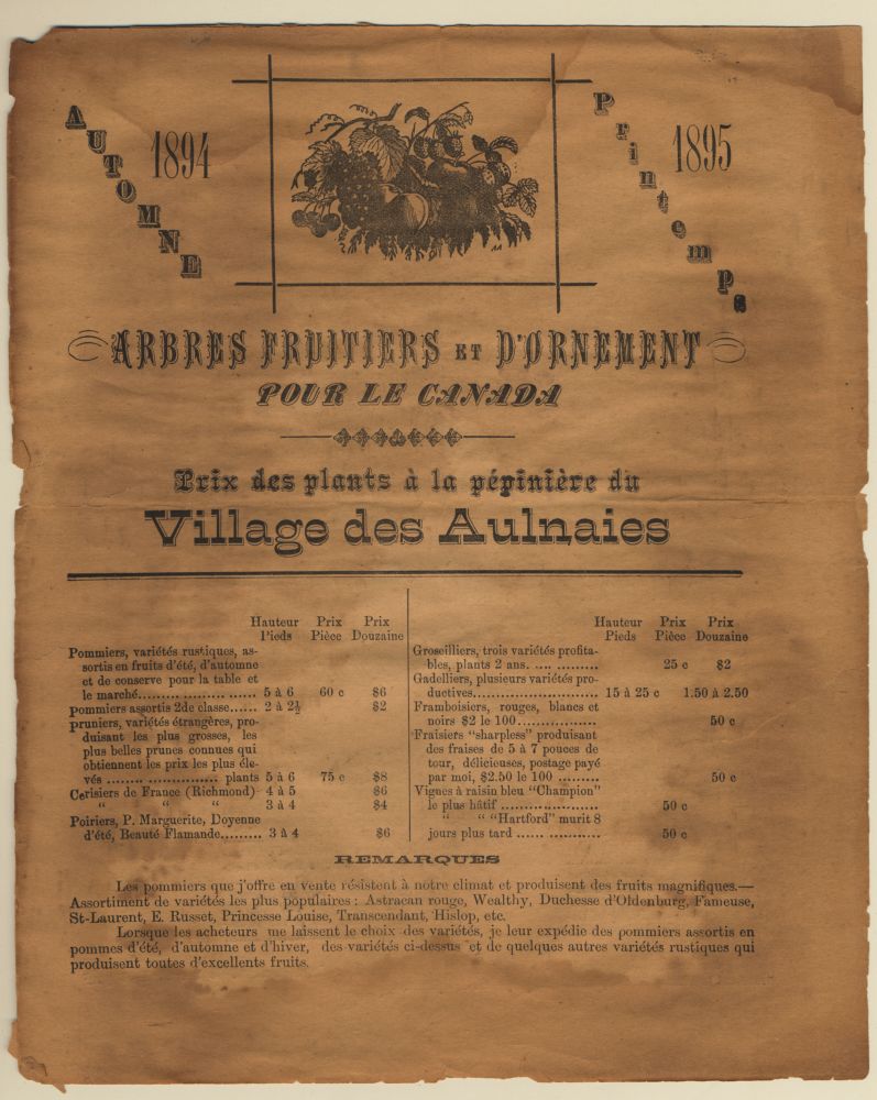 Seed catalogue page 1894-1895. Title: "FRUIT AND ORNAMENTAL TREES FOR CANADA", subtitle "Price of plants at the Village des Aulnaies nursery". List of fruit trees with height and prices. Comments on the quality of plants adapted to the Canadian climate, specific varieties. Printed in brown on yellowed paper, borders, fruit illustrations.