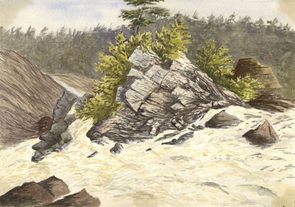 Watercolor (August 1873, Anna Dawson Harrington): Falls on the Rivière du Loup (close-up view of a turbulent waterfall). Water flows forcefully over the rocks. Background: line of trees.