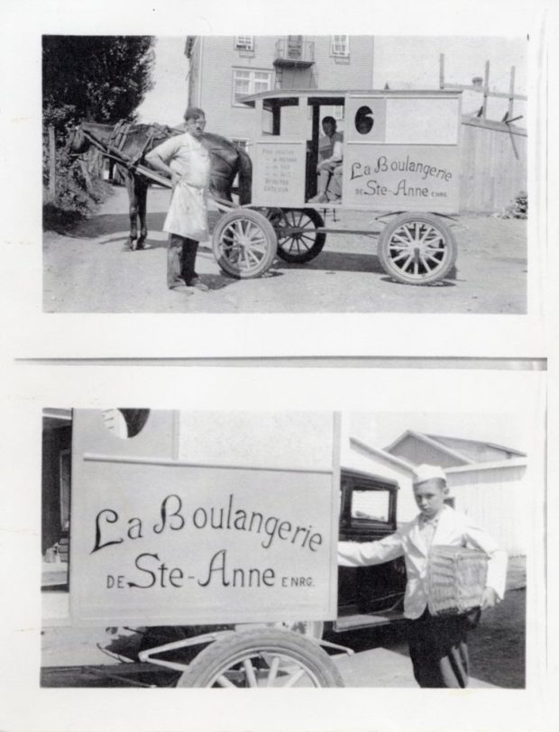 Two black and white photographs: Boulangerie Ste-Anne (Ste-Anne's Bakery). Top: man in an apron near a closed horse-drawn cart (La Boulangerie Ste-Anne), young person in the back. Bottom: young man with a cap and a light jacket, near a motorized vehicle (La Boulangerie de Ste-Anne Enr.), holding a basket.