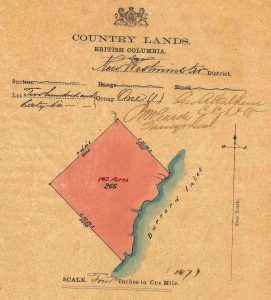 A government document with a diagram of a pink coloured square-like shaped lot of land that is along a body of water labelled as Burrard Inlet.