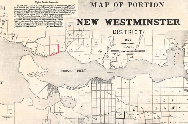 A map of the New Westminster District which includes Burrard Inlet. The map identifies lots, roads, landmarks, bodies of water, and has Lot 266 along Burrard Inlet highlighted in red.