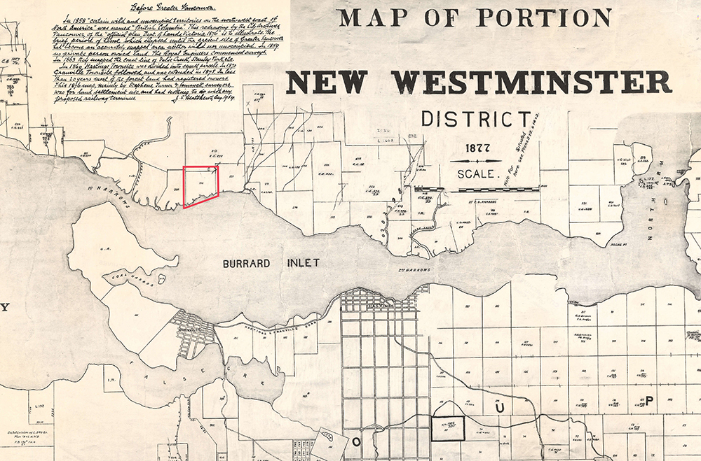Une carte du district de New Westminster où l’on voit le bras de mer Burrard. Sur cette carte, divers points de repère, parcelles de terrain, routes et plans d’eau sont identifiés, et le terrain no 266, situé le long du bras de mer Burrard, est encadré en rouge. 