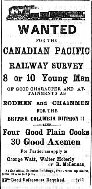 A newspaper clipping of an advertisement looking to hire men of “good character and attainments” to work for the Canadian Pacific Railway Survey.