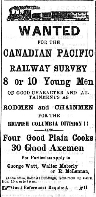 Wanted advertisement for Canadian Pacific Railway Survey workers ...